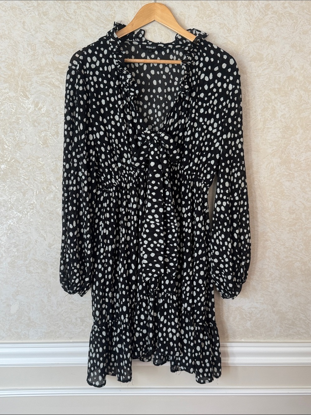 Wishlist Black & White Polka Dot Tie-Neck Long Sleeve Dress